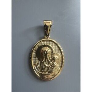 Virgin Mary Baby Jesus Stainless Steel Pendant Jesus Christ Gold Plate 24” Chain